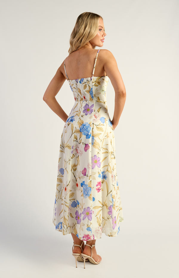 Lando Faux Linen Midi Dress - Floral Blue