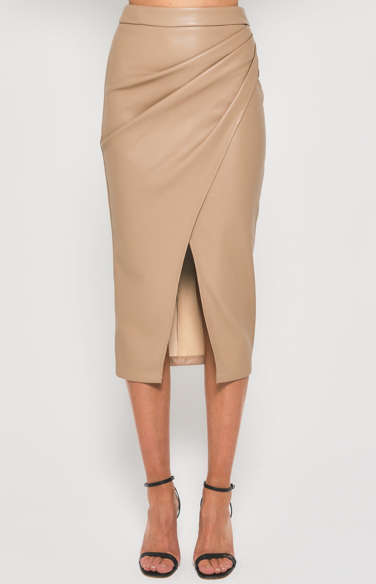 Eleni Faux Leather, Front Split, Midi Skirt - Latte