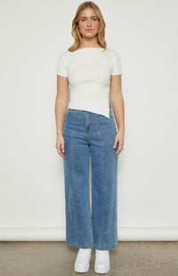 Maci Short Sleeve Boat Neckline Knit Top - White