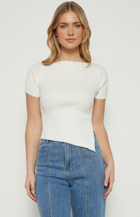 Maci Short Sleeve Boat Neckline Knit Top - White
