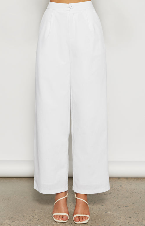 Tanya Linen Blend, High Waisted, Straight Leg Pants - White