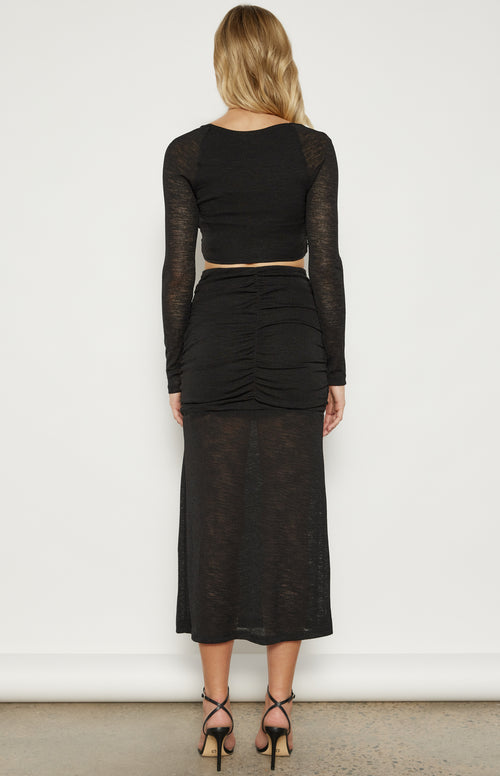 Ellita Long Sleeve Top & Ruched High Waisted Midi Skirt (Set) - Black