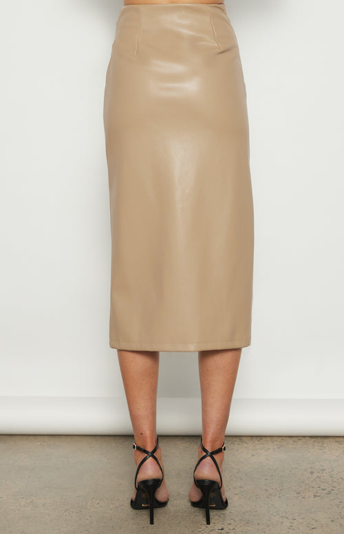 Allyse Faux Leather Midi Skirt - Latte