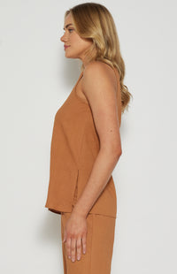 Hannah Linen Blend, Long Length Top - Caramel