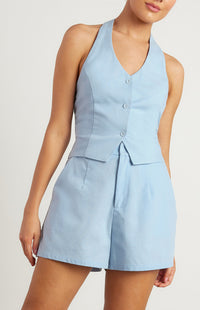 Jaynie Linen Halter Neck Vest - Blue