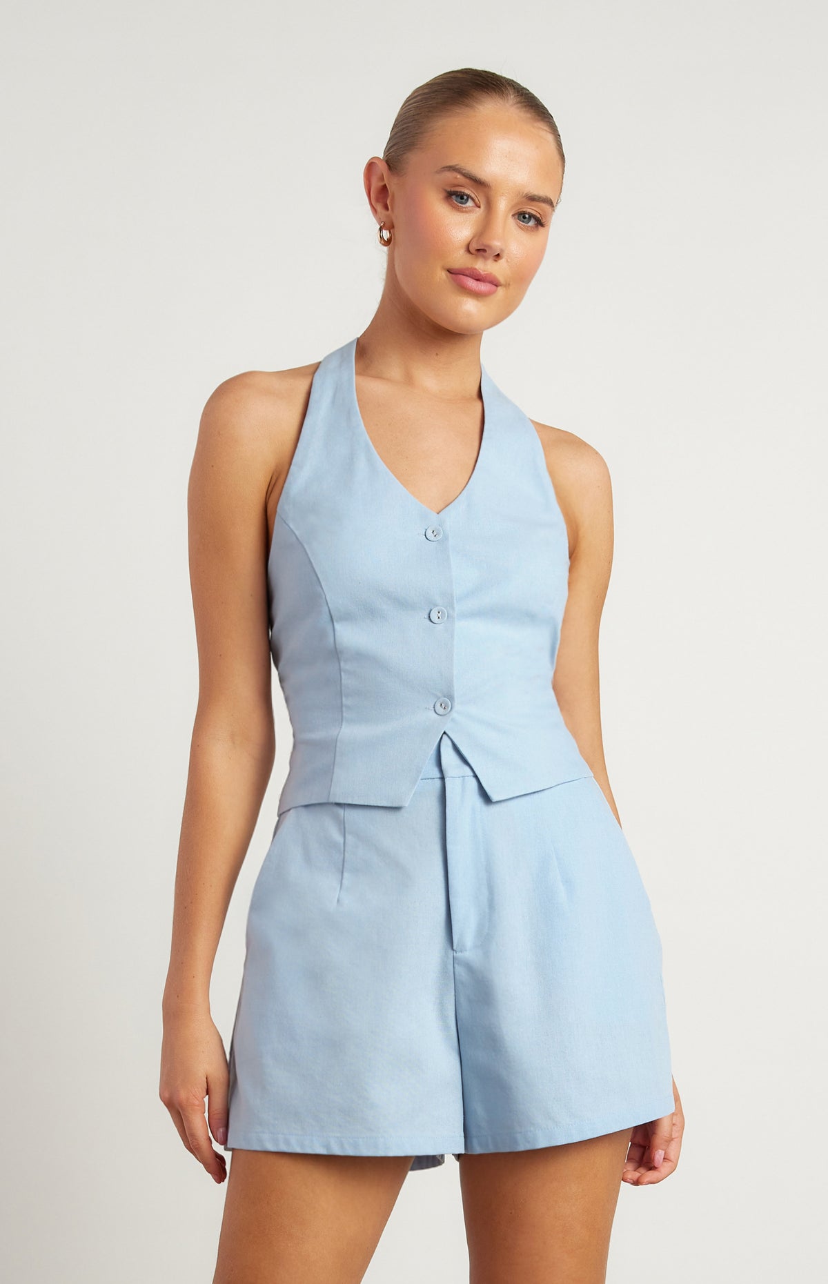 Jaynie Linen Halter Neck Vest - Blue