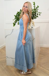 Lani Thick Straps, Front Pockets, A-Line Maxi Dress - Denim Blue