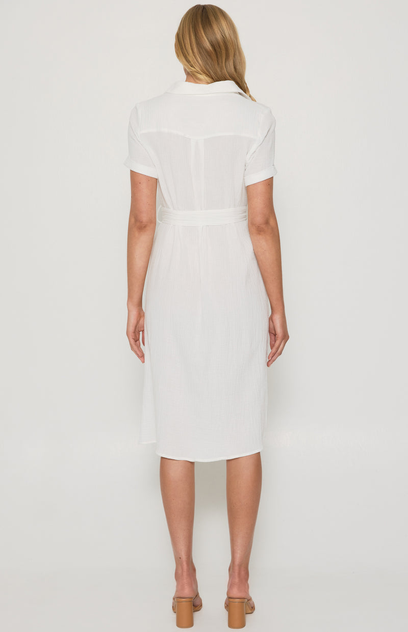 Talina Short Sleeve, Collared Neckline, Midi Shirt Dress - White
