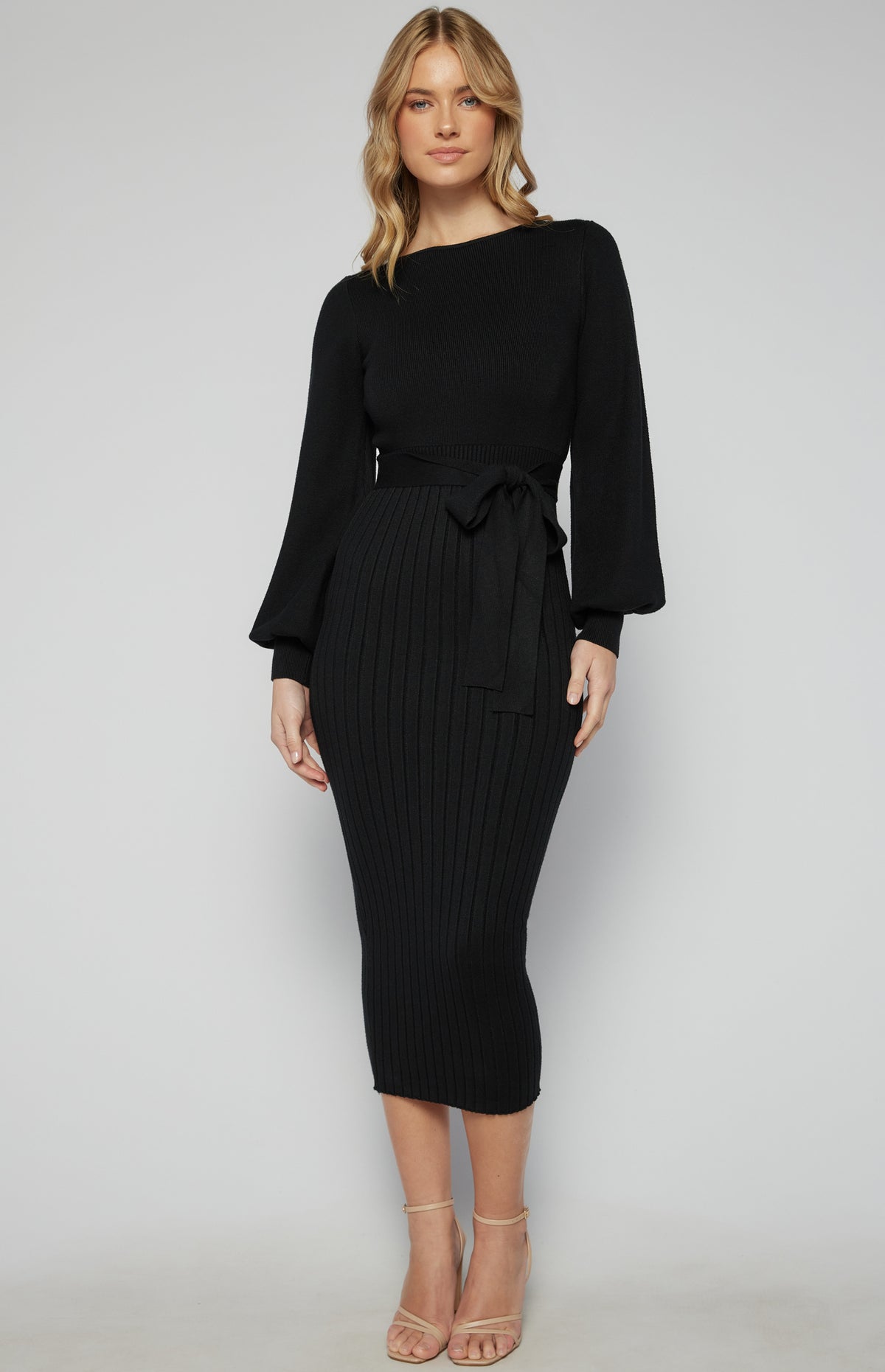 Bindy Bubble Sleeve Knit Midi Dress - Black