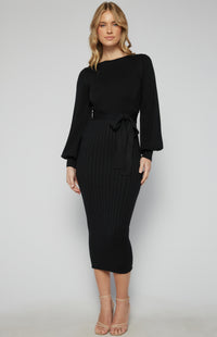 Bindy Bubble Sleeve Knit Midi Dress - Black