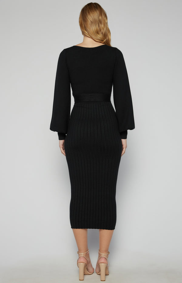Bindy Bubble Sleeve Knit Midi Dress - Black