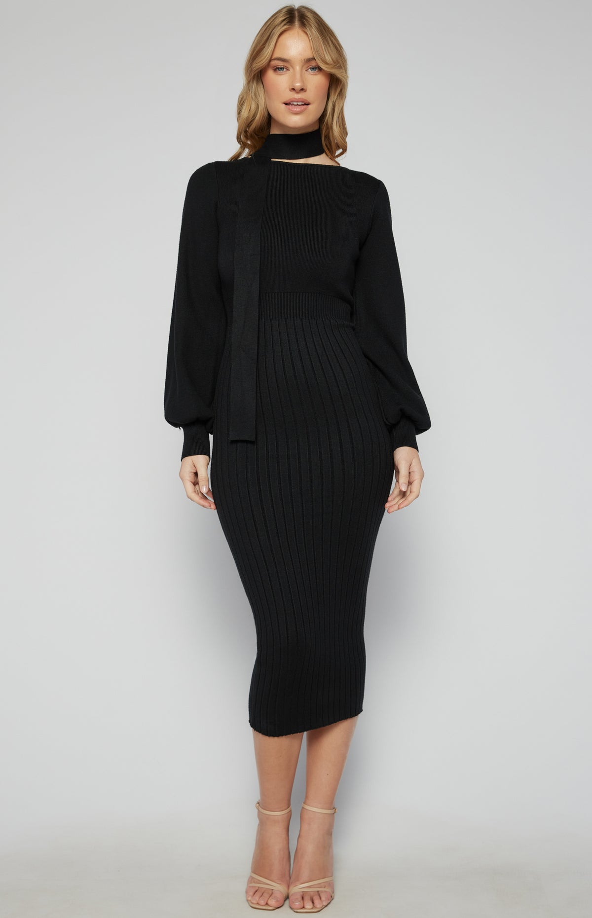 Bindy Bubble Sleeve Knit Midi Dress - Black