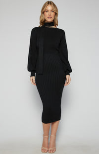 Bindy Bubble Sleeve Knit Midi Dress - Black