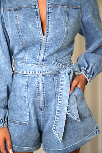 Gia Long Sleeved Zipper Playsuit - Denim