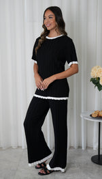 Daphne Short Sleeve Top & Wide Leg Pants Knit Set - Black