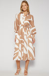 Thalia Printed Faux Linen Button Up Midi Shirt Dress - Camel