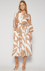 Thalia Printed Faux Linen Button Up Midi Shirt Dress - Camel