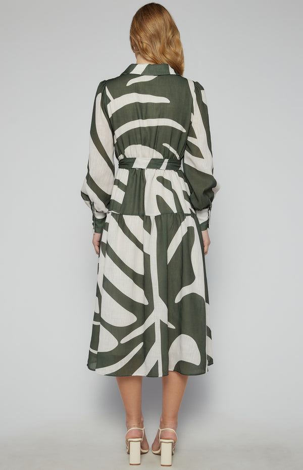 Thalia Printed Faux Linen, Midi Shirt Dress - Moss