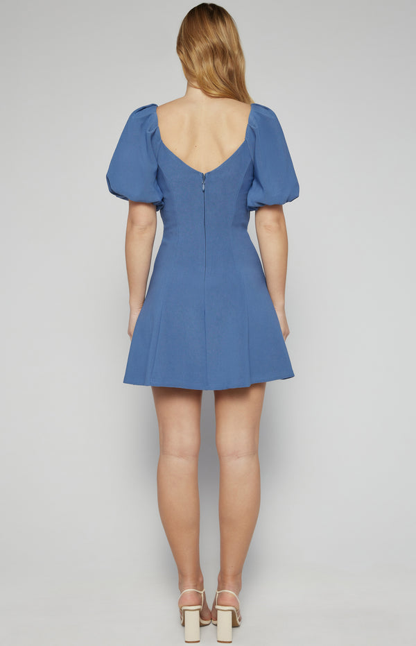 Elianna Bubble Sleeve Mini Dress - Steel Blue