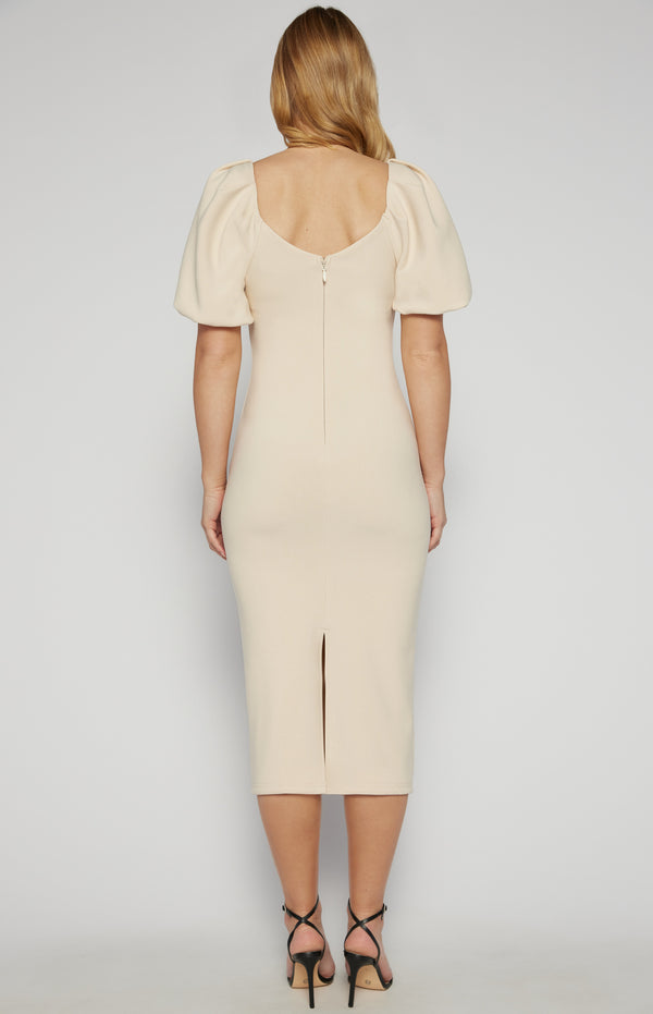 Ariarne Bubble Sleeve Midi Dress - Beige