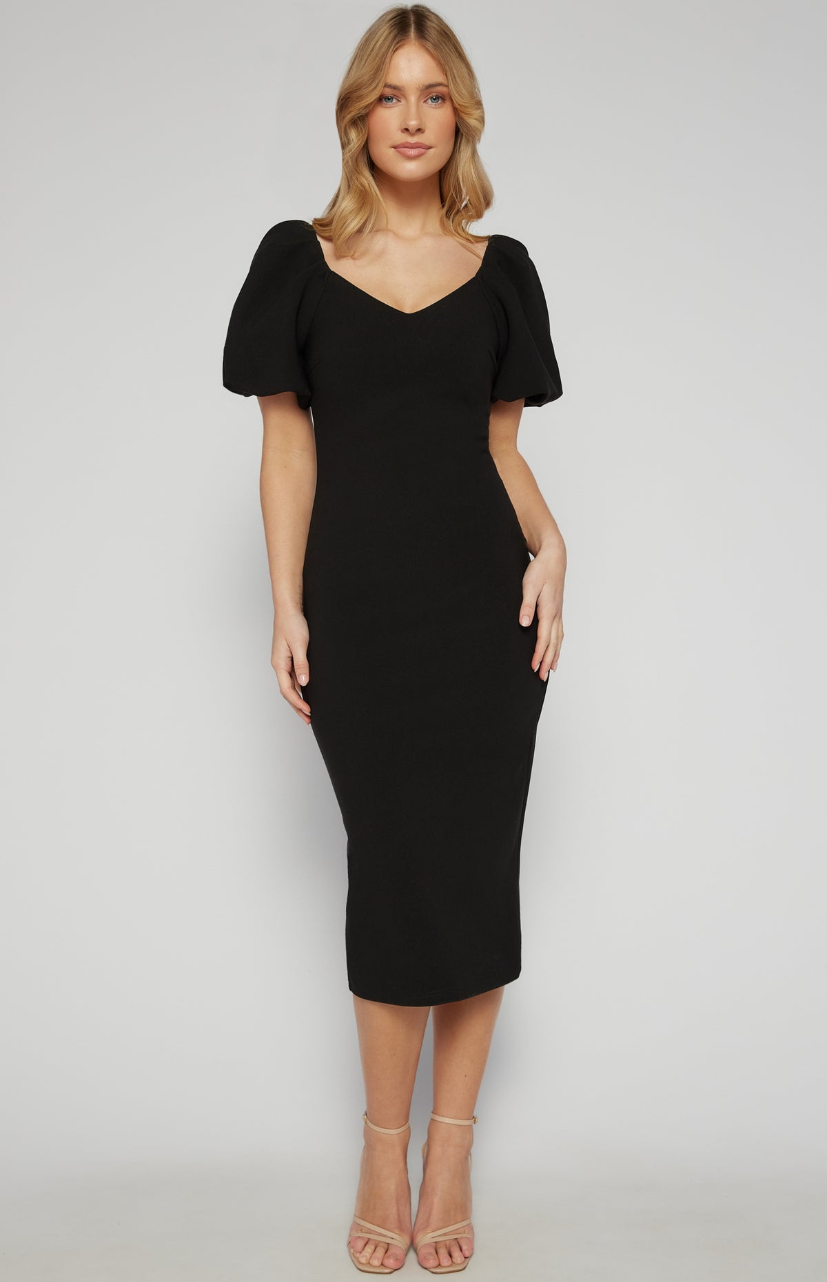 Ariarne Bubble Sleeve Midi Dress - Black