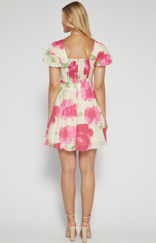 Natalie Bubble Sleeve, Pleated Skirt, Shirred Back, Mini Dress - Pink