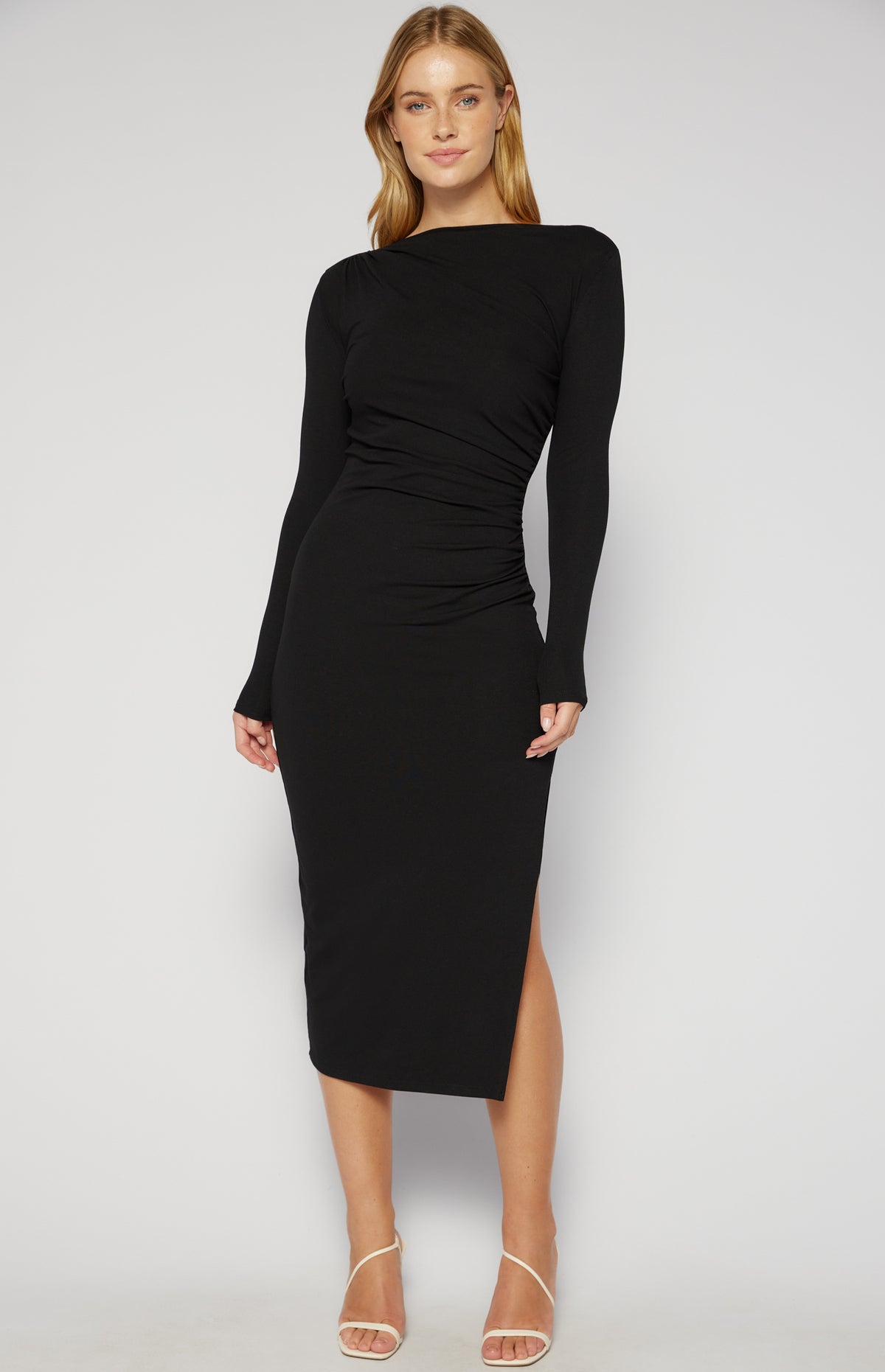 Delaney Stretch Jersey Long Sleeve Midi Dress - Black