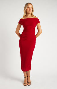 Sweetpea Off Shoulder Midi Dress - Deep Red