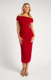 Sweetpea Off Shoulder Midi Dress - Deep Red
