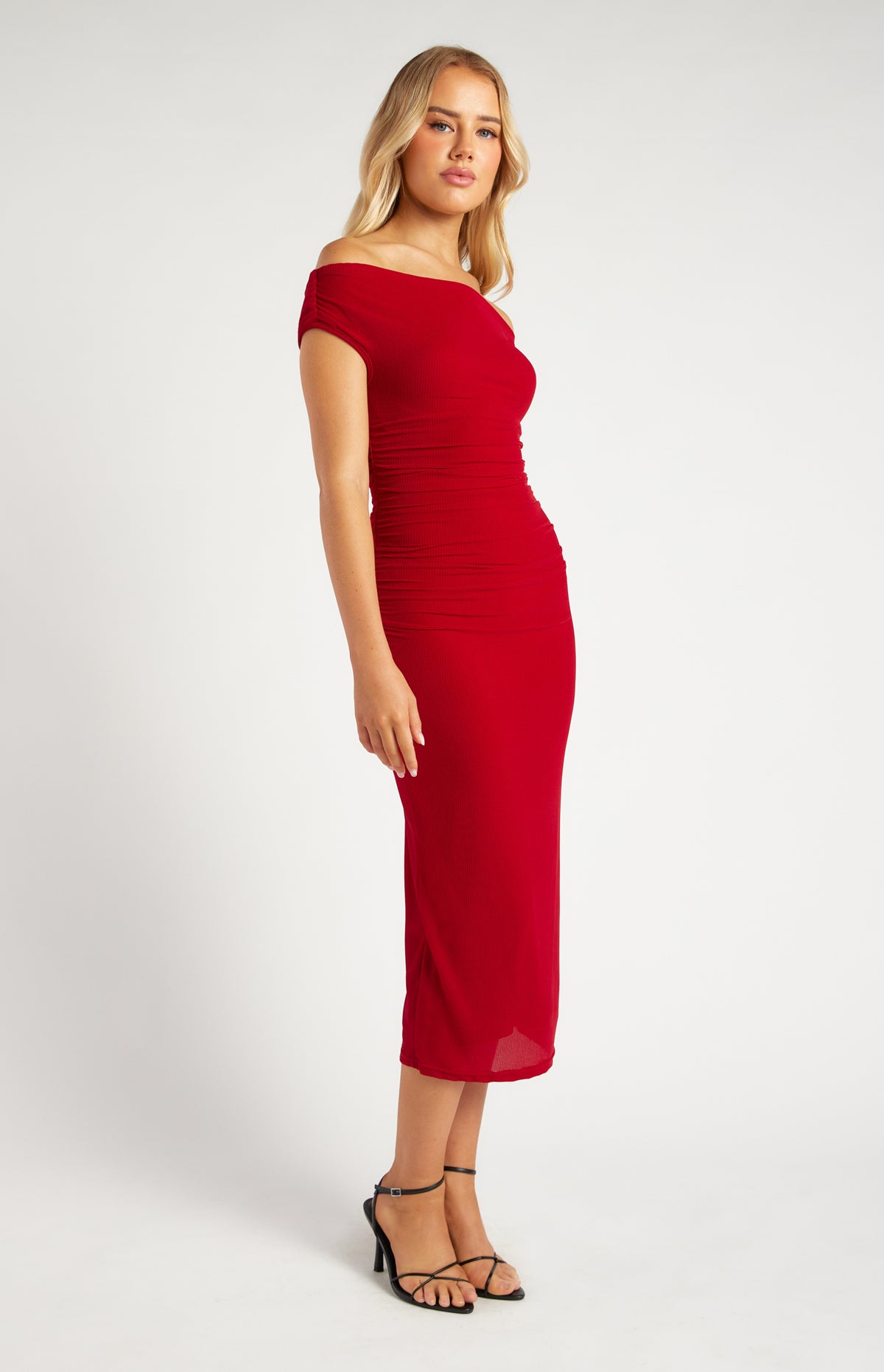 Sweetpea Off Shoulder Midi Dress - Deep Red