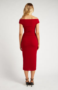 Sweetpea Off Shoulder Midi Dress - Deep Red