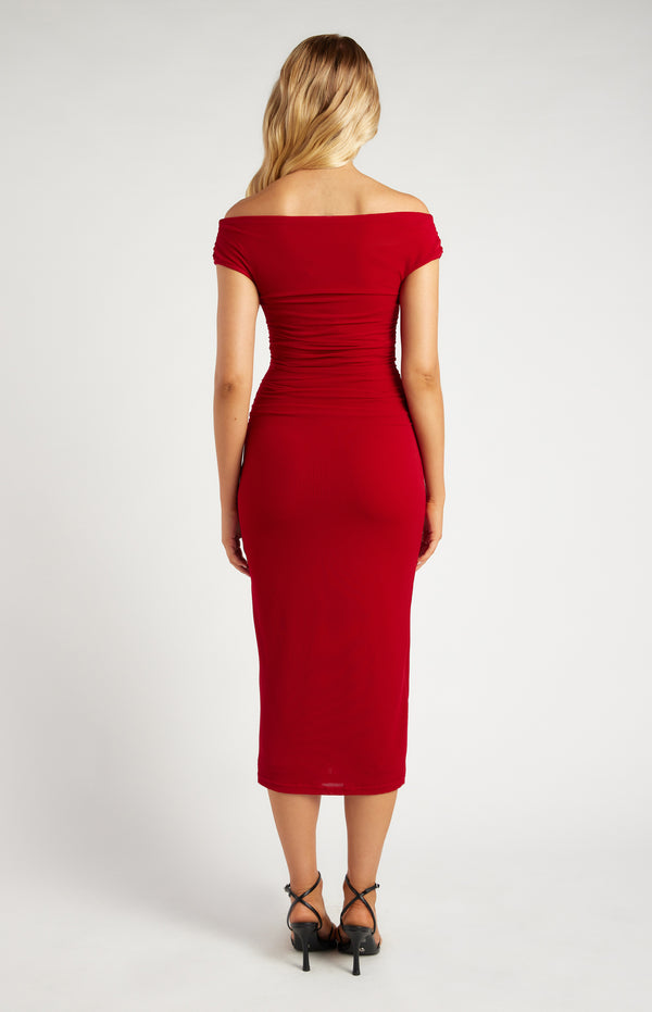 Sweetpea Off Shoulder Midi Dress - Deep Red