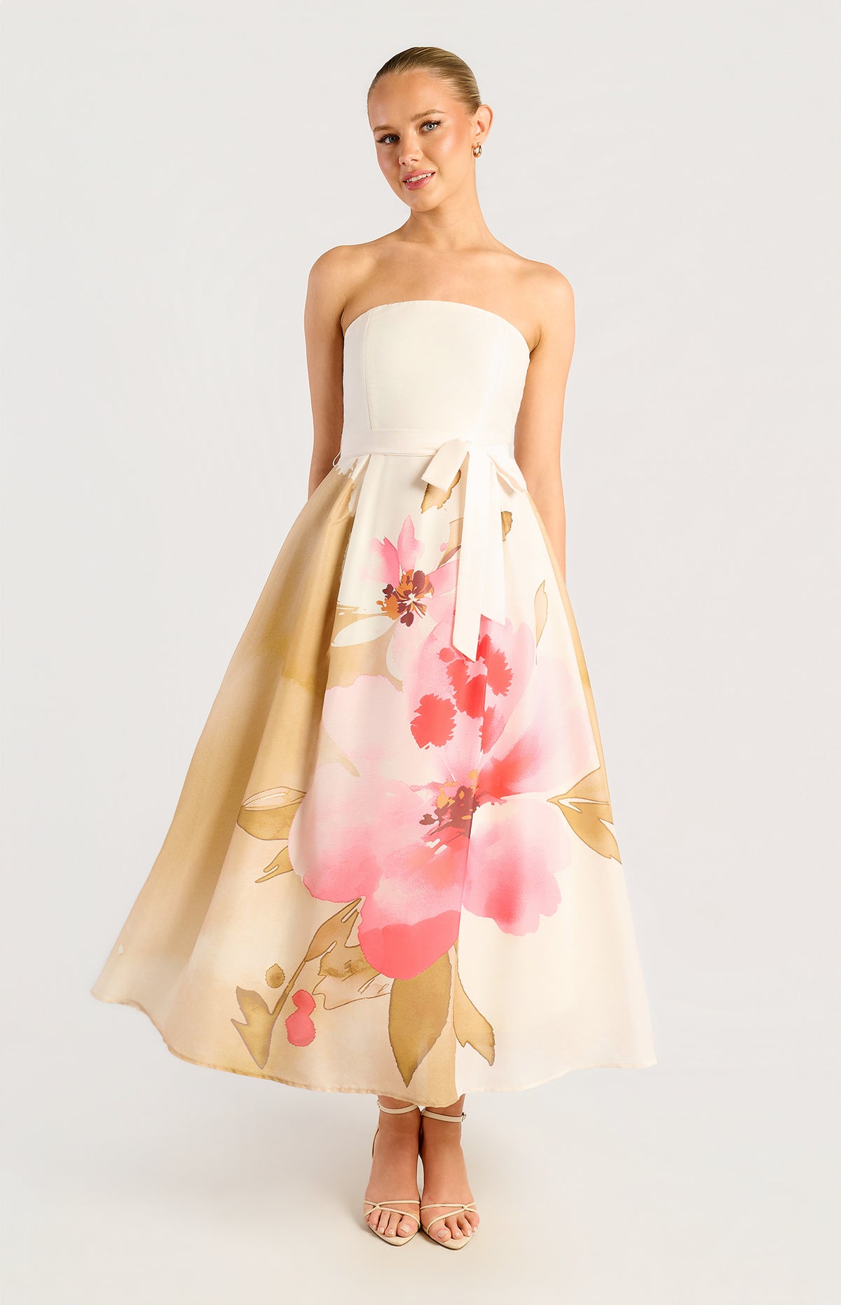 Emilia Strapless Midi Dress - Floral Pink Green