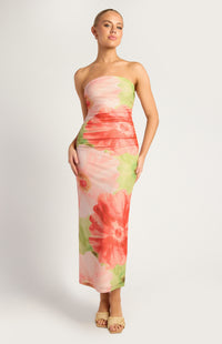 Elysia Strapless Mesh Midi Dress - Coral Green