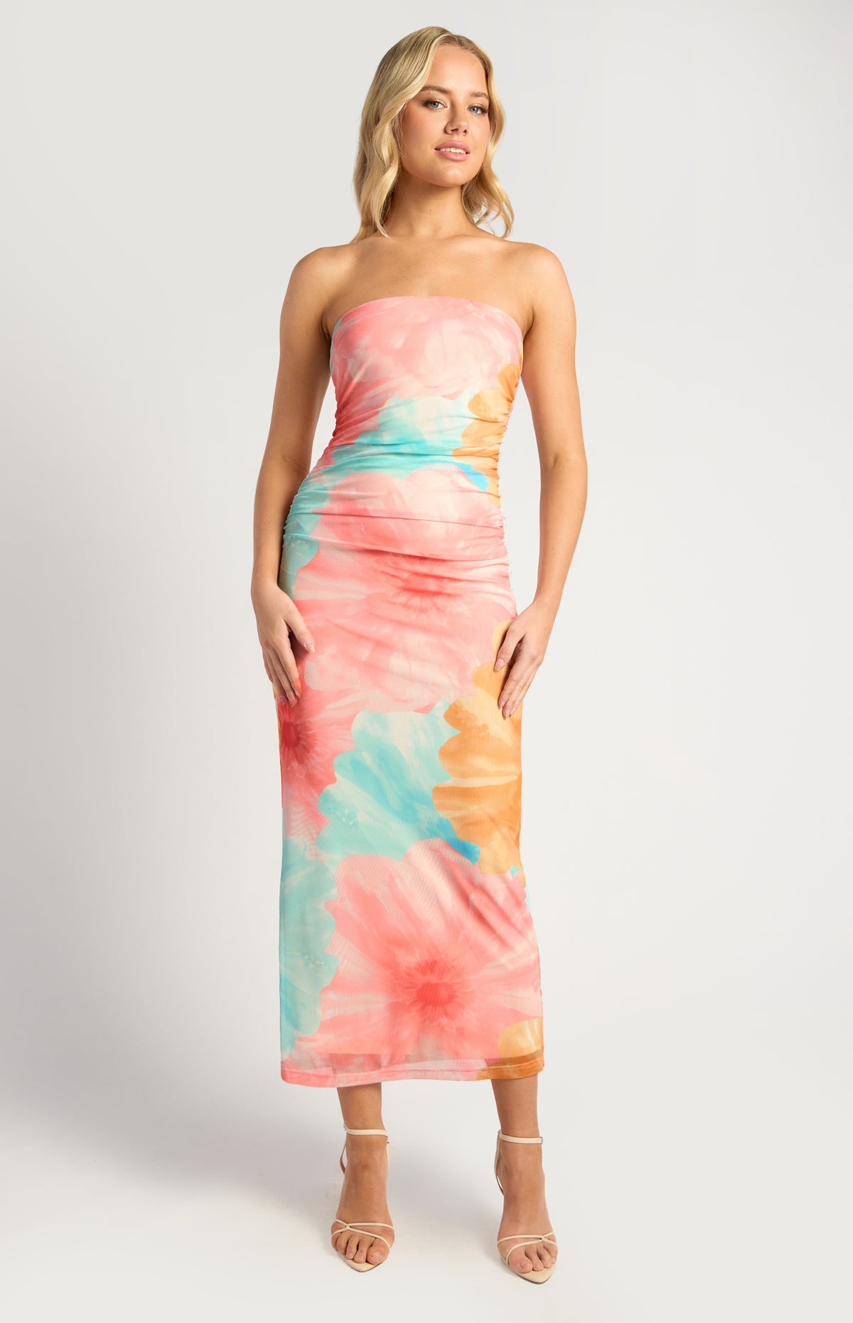 Elysia Strapless Mesh Midi Dress - Pink Blue
