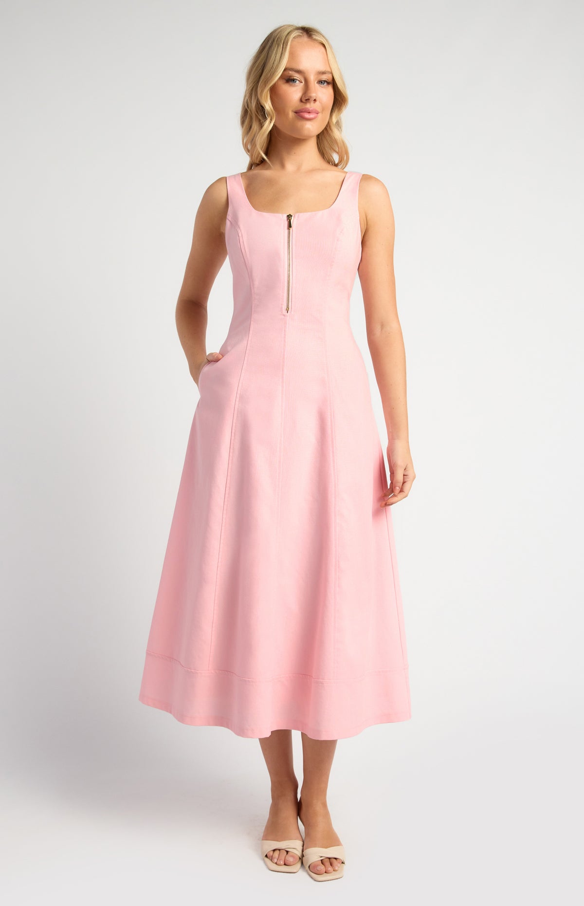 Miguel Cotton Linen Midi Dress - Pink