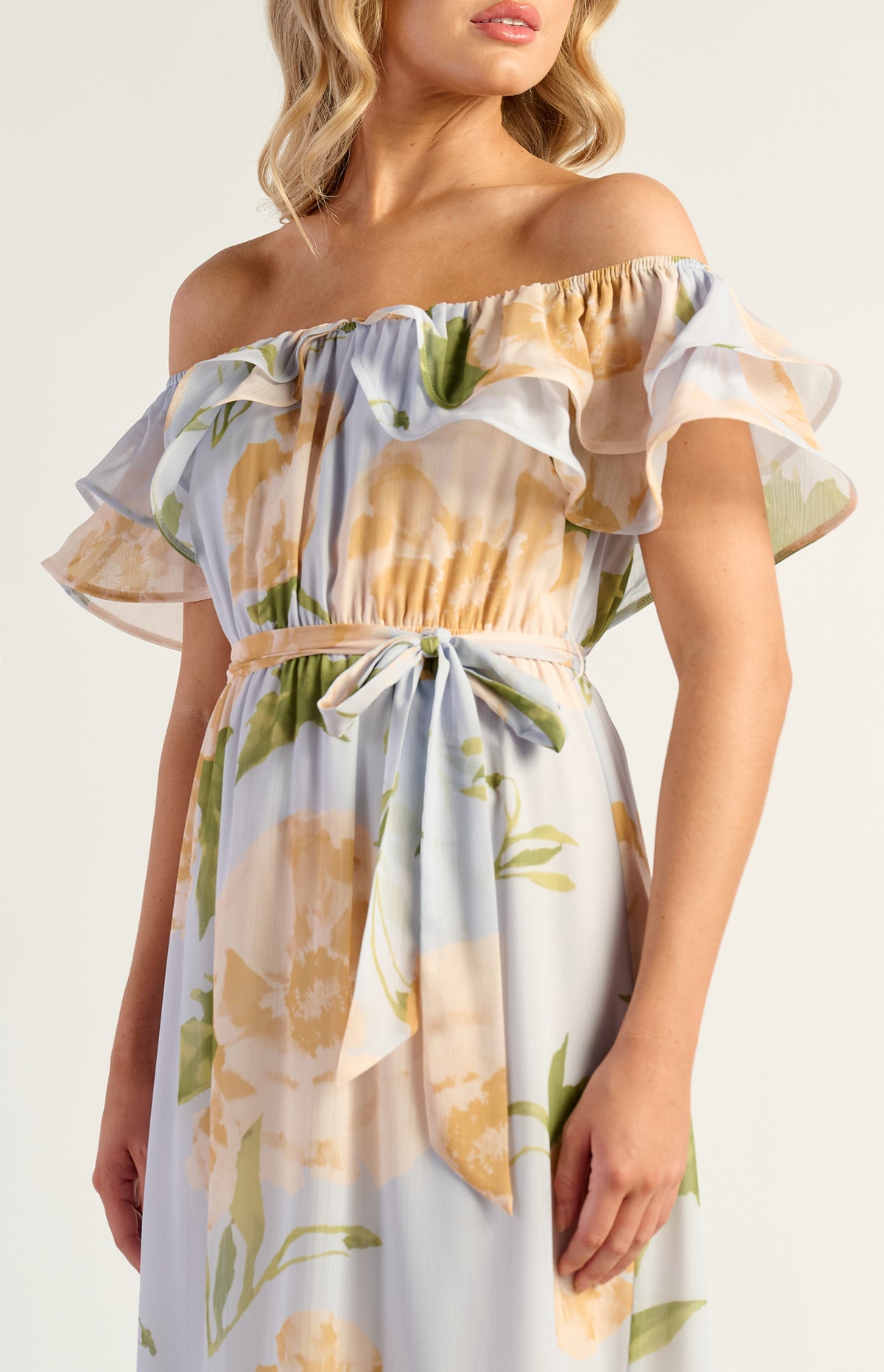 Kendall Off Shoulder Chiffon Dress - Floral Blue