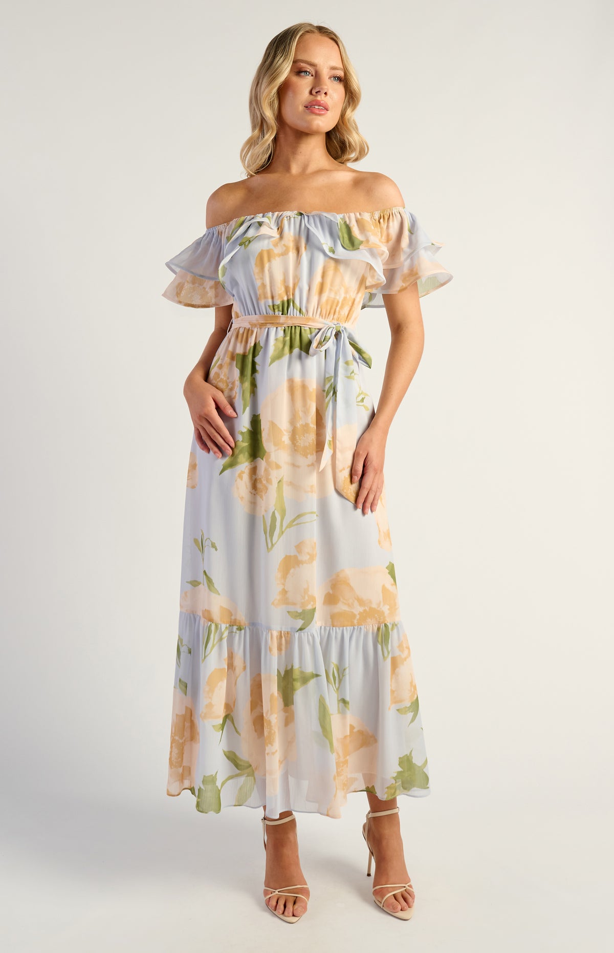 Kendall Off Shoulder Chiffon Dress - Floral Blue