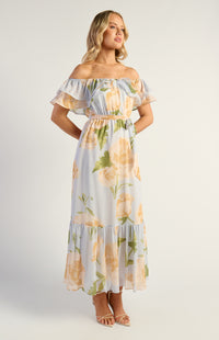 Kendall Off Shoulder Chiffon Dress - Floral Blue