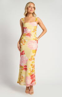 Devlin Floral Mesh Maxi Dress - Red Lemon