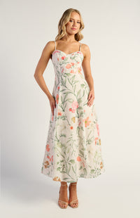 Lando Faux Linen Midi Dress - Floral Apricot