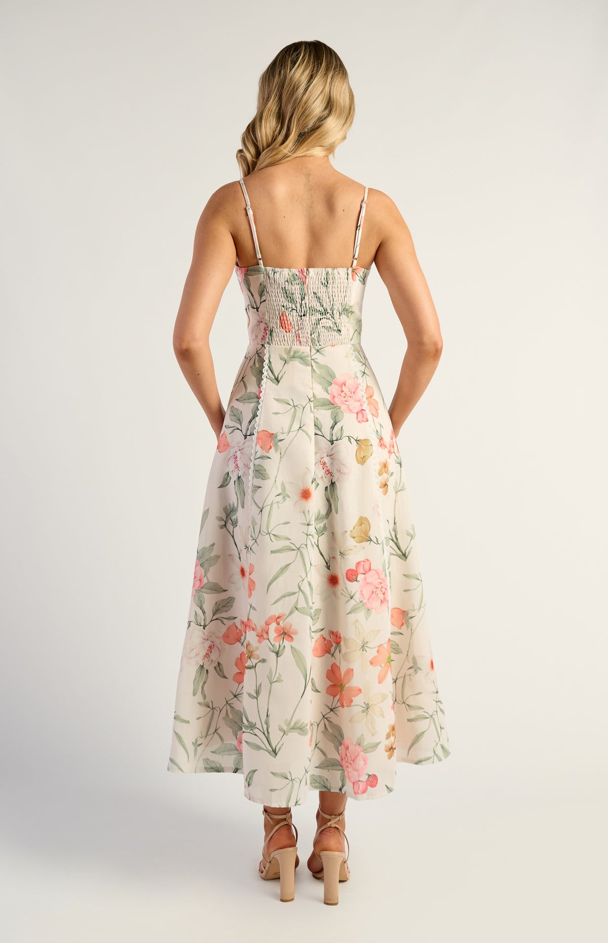 Lando Faux Linen Midi Dress - Floral Apricot