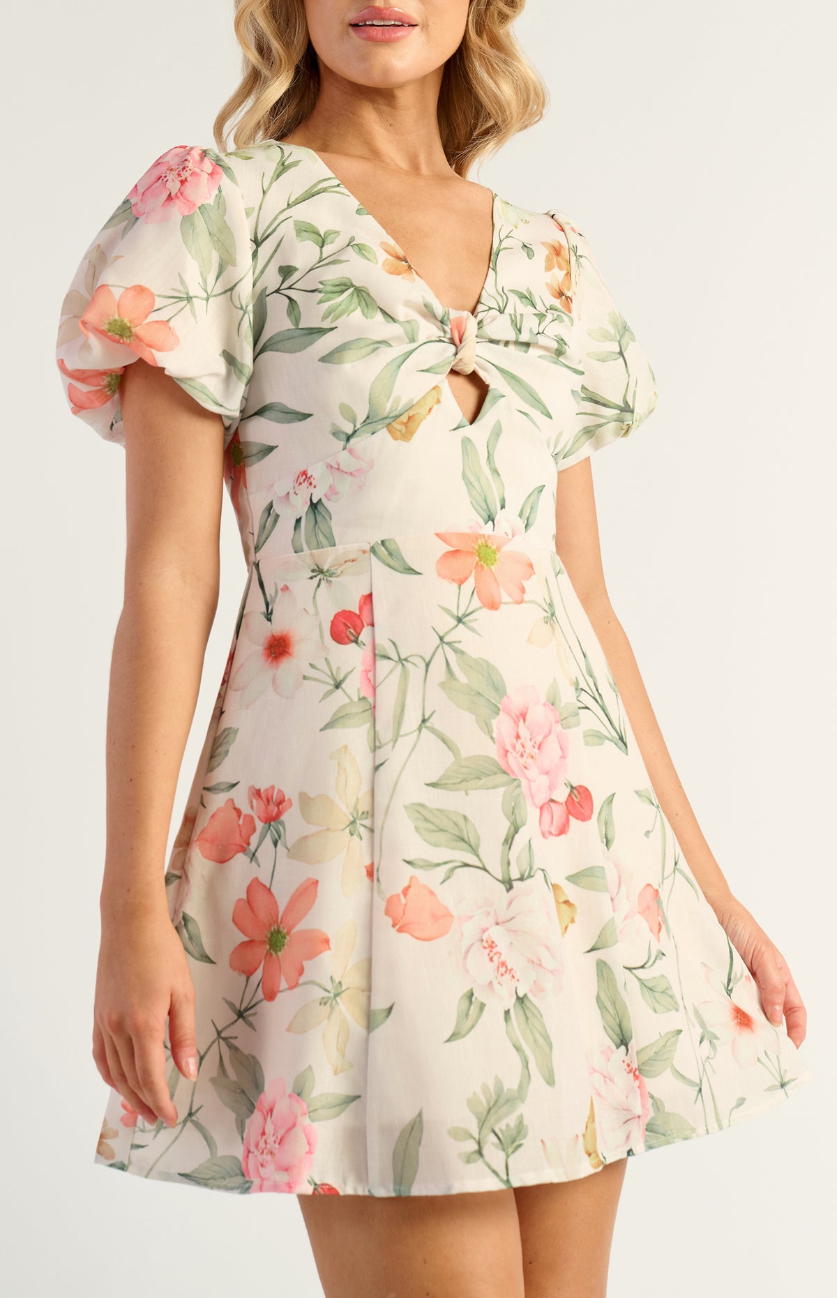 Lando Faux Linen Mini Dress - Floral Apricot