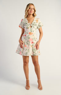 Lando Faux Linen Mini Dress - Floral Apricot