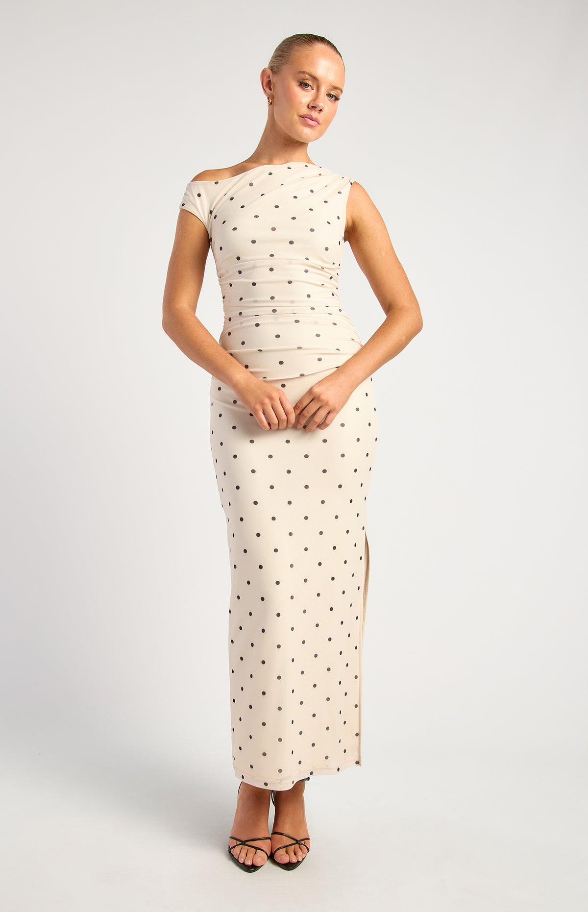 Mirabelle Pokadot Mesh Midi Dress - Cream Black