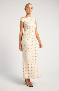 Mirabelle Pokadot Mesh Midi Dress - Cream Black