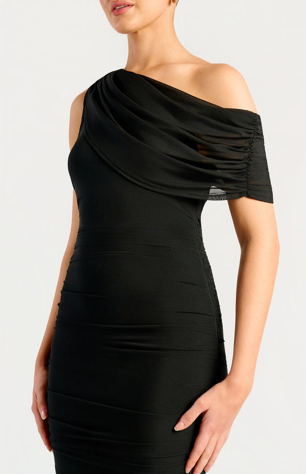 Nyomi One-Shoulder Mesh Dress - Black