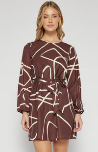 Ebbie Long Bubble Sleeves, Round Neck, Mini Shift Dress - Chocolate