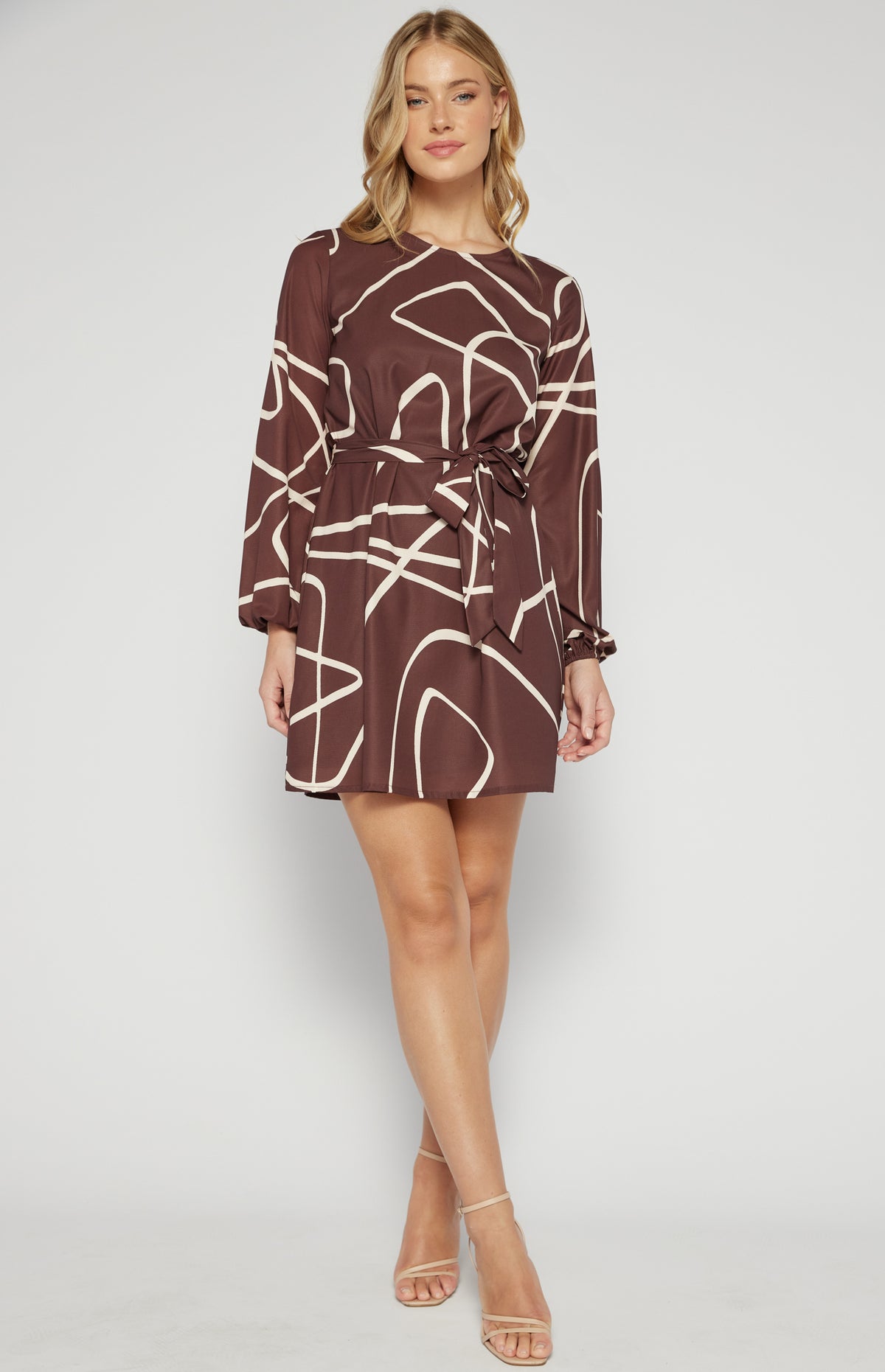 Ebbie Long Bubble Sleeves, Round Neck, Mini Shift Dress - Chocolate