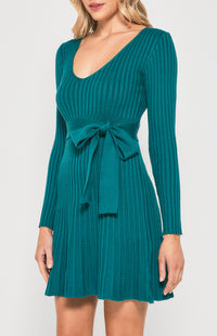 Tildy Long Sleeve, Ribbed Knit Mini Dress - Emerald